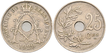 Бельгия 25 сантимов 1929 Belgique KM 68.1 медно-никель 190-734
