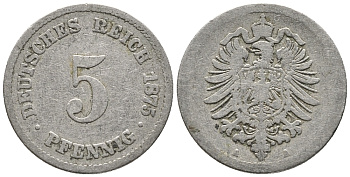 ГЕРМАНИЯ 5 ПФЕННИГОВ 1875 A, СТАРОГЕРБОВКА KM 3, J. 3 медно-никель 39-364