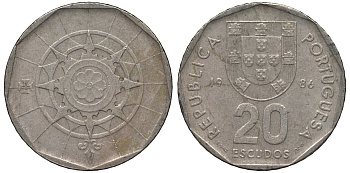 Португалия 20 эскудо 1986 KM 634 медно-никель 4131-312
