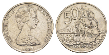 Новая Зеландия 50 центов 1967 Елизавета II (1952-2022), парусник Индевор KM 37 медно-никель 84-123
