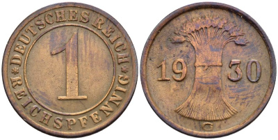 ГЕРМАНИЯ 1 РЕЙХСПФЕННИГ 1930 G KM 37, J. 313, Weege 2 бронза 4547-153