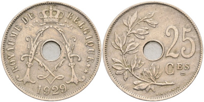 Бельгия 25 сантимов 1929 Belgique KM 68.1 медно-никель 190-734