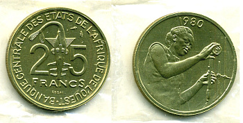 Западно-Африканские штаты 25 франков 1980 пробник, ESSAI, в оригинальной упаковке КМ E9 алюминиевая бронза бронза UNC 5010-311