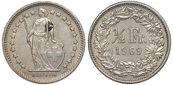 Швейцария 1/2 франка 1969 KM 23а.1 медно-никель 4174-136