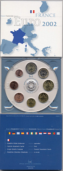 Франция евронабор из 8 монет 2000-2002 официальный выпуск банка Люксембурга, в оригинальном пластиковом буклет биметалл UNC 5-4-1-19