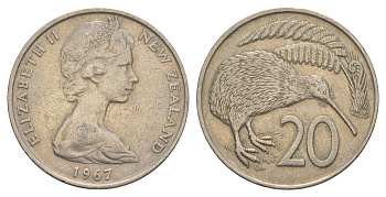Новая Зеландия 20 центов 1967 Елизавета II (1952-2022), птичка киви KM 36.1 медно-никель 4182-624