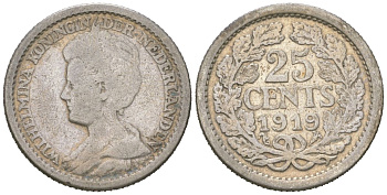 Нидерланды 25 центов 1919 Вильгельмина (1890-1948) KM 146 серебро 4151-1149