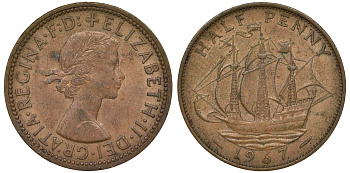 Великобритания 1/2 пенни 1967 Елизавета II (1952-2022) KM 896, Spink 4158 бронза 72-356