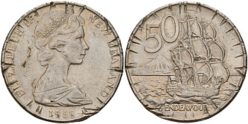Новая Зеландия 50 центов 1980 Елизавета II (1952-2022), парусник Индевор KM 37.1 медно-никель 189-442