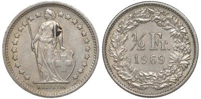 Швейцария 1/2 франка 1969 KM 23а.1 медно-никель 4174-136