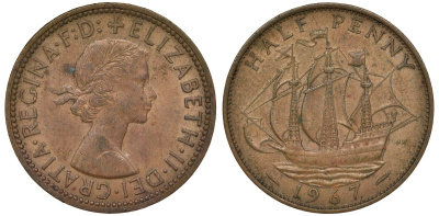 Великобритания 1/2 пенни 1967 Елизавета II (1952-2022) KM 896, Spink 4158 бронза 4681-756