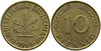 ФРГ 10 ПФЕННИГОВ 1969 D KM 108, J. 383 сталь плакированная латунью 98-425