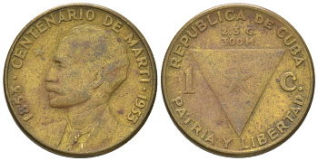 Куба 1 сентаво 1953 100 лет со дня рождения Хосе Марти KM 26, JMA 7, Y 20, Schoen 24 латунь 4611-619