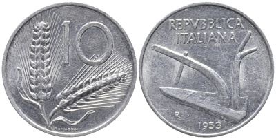 Италия 10 лир 1953 R, плуг, колосья KM 93 алюминий 34-1244
