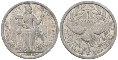 Французская Новая Каледония 1 франк 1988 птица кагу, (IEOM) KM 10, Schoen 10, Lec 48 алюминий 51-5127