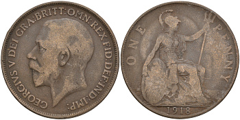 Великобритания 1 пенни 1918 Георг V (1910-1936) КМ 810, Spink 4051 бронза 4557-946
