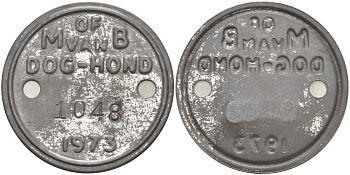 НИДЕРЛАНДЫ СОБАЧИЙ ЖЕТОН 1973 OF VAN DOG-HONG, №1048, ЖЕТОН ОБ УПЛАТЕ ГОДОВОГО НАЛОГА С ВЛАДЕЛЬЦЕВ СОБАК сталь 4517-1141