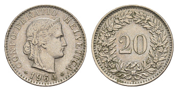 Швейцария 20 раппенов 1964 B KM 29a медно-никель 4625-1126