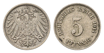 Германия 5 пфеннигов 1914 F, Вильгельм II (1888-1918) KM 11, J. 12 медно-никель 4636-314