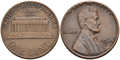 США 1 цент 1964 D, Линкольн KM 201 медь цинк 4115-835