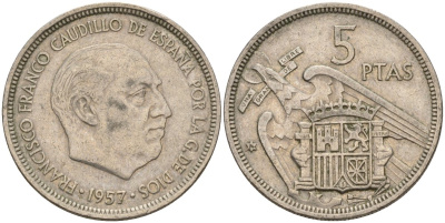 Испания 5 песет 1957 (74) Франсиско Франко (1939 - 1975) KM 786 медно-никель 4155-614