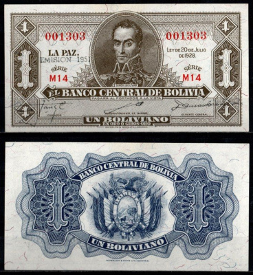 Боливия 1 боливиано 1928 (1951-1952) надпечатка EMISION 1951 Pick 128 b бумага UNC (пресс) 6280-20-1-2