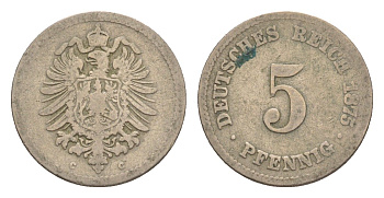 Германия 5 пфеннигов 1875 C, Вильгельм I (1871-1888) KM 3, J. 3, Weege 5 медно-никель 4639-1244