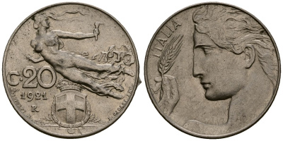 Италия 20 чентезимо 1921 R, Виктор Эммануил III (1900-1946) KM 44 никель 4177-852