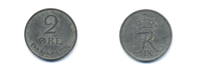 Дания 2 эре 1960 C; S, Фредерик IX (1947-1972) KM 840.2 цинк 4379-733
