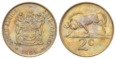 ЮАР 2 цента 1985 герб, антилопа гну KM 83 бронза UNC 4695-1051