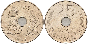 ДАНИЯ 25 ЭРЕ 1983 R; B, МАРГРЕТЕ II (1972-) KM 861.3 медно-никель 4566-546