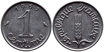 ФРАНЦИЯ 1 САНТИМ 1967 KM 928 хромированная сталь 4392-1314