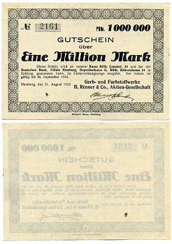 ГАМБУРГ, ГЕРМАНИЯ 1000000 МАРОК 1923 21 АВГУСТА 1923 - 30 CЕНТЯБРЯ 1923, НОТГЕЛЬД, GERB- und FABSTOFFWERKE H. RENNER & CO., AKTIEN-GESELLSCHAFT Keller 2117b бумага 8613-17-1-1