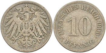 ГЕРМАНИЯ 10 ПФЕННИГОВ 1900 E KM 12, J. 13 медно-никель 4401-1154