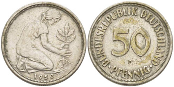 ФРГ 50 ПФЕННИГОВ 1950 F KM 109.1, J. 384 медно-никель 217-1127
