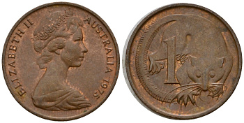 Австралия 1 цент 1975 Елизавета II (1953-), молодой портрет, опоссум KM 62 бронза 4602-219