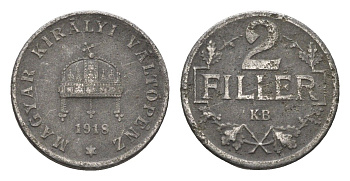 Венгрия 2 филлера 1918 KB, Карл I (1916-1918) KM 497 железо 4665-423