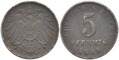 ГЕРМАНИЯ 5 ПФЕННИГОВ 1918 А KM 19, J. 297, Weege 5 железо 4181-526