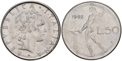 Италия 50 лир 1982 R, бог Вулкан у наковальни KM 95.1 нержавеющая сталь 4156-744