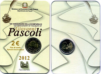 Италия 2 евро 2012 100 лет со дня смерти Джовани Пасколи, запайка, пластик, буклет KM 355 биметалл BUNC 3-4-8-51