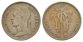 Бельгийское Конго 1 франк 1925 Надпись на голландском - 'ALBERT KONING DER BELGEN' KM 21 медно-никель 4654-1137