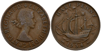 Великобритания 1/2 пенни 1954 Елизавета II (1952-2022) KM 896, Spink 4158 бронза 4601-434