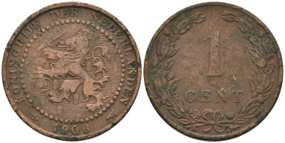 Нидерланды 1 цент 1906 Вильгельмина (1890-1948) KM 132.1 бронза    4169-248