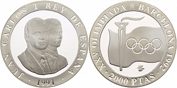 Испания 2000 песет 1991 XXV летние Олимпийские игры 1992 года в Барселоне, флаг, олимпийский огонь KM 887 серебро PROOF 02-112-43
