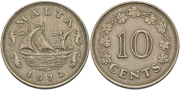 Мальта 10 центов 1972 баржа Великого магистра KM 11 медно-никель 82-415