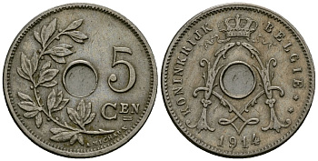 Бельгия 5 сантимов 1914 Belgie KM 67 медно-никель 4173-215