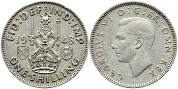 Великобритания 1 шиллинг 1948 Георг VI (1936-1952), Шотландский герб KM 864, Spink 4104 медно-никель 4395-1212