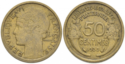 ФРАНЦИЯ 50 САНТИМОВ 1939 ТИП МОРЛОН KM 894.1, LE FRANC 192.15 алюминиевая бронза 3309-148