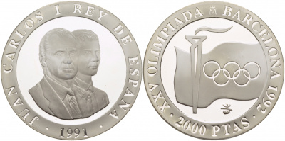 Испания 2000 песет 1991 XXV летние Олимпийские игры 1992 года в Барселоне, флаг, олимпийский огонь KM 887 серебро PROOF 00-00