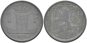 БЕЛЬГИЯ 1 ФРАНК 1941 BELGIQUE-BELGIE, ГЕРМАНСКАЯ ОККУПАЦИЯ, ВТОРАЯ МИРОВАЯ ВОЙНА, ЛЕОПОЛЬД III (1934-1950) KM 127 цинк 119-431